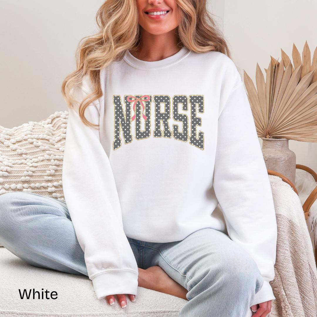 NURSE Polka Dot Pink Bow Gildan Crewneck Sweatshirt