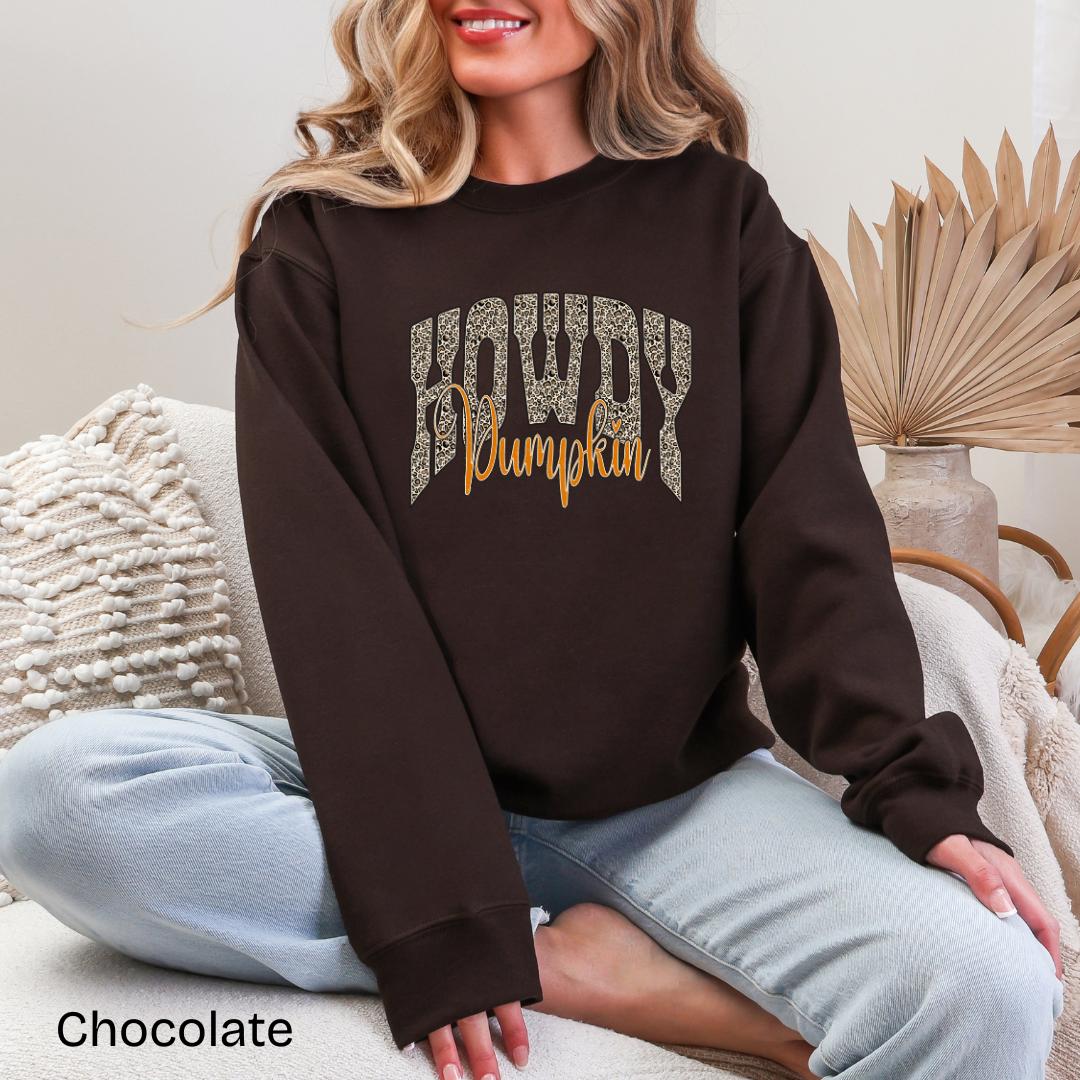 Howdy Pumpkin Leopard Varsity Gildan Crewneck Sweatshirt