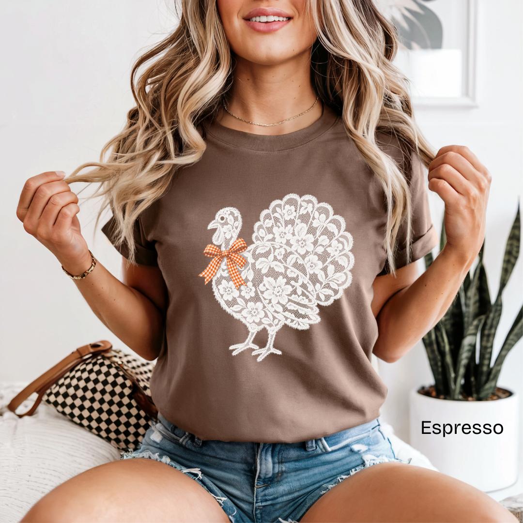 Lace Turkey Gingham Bow Comfort Colors T-Shirt