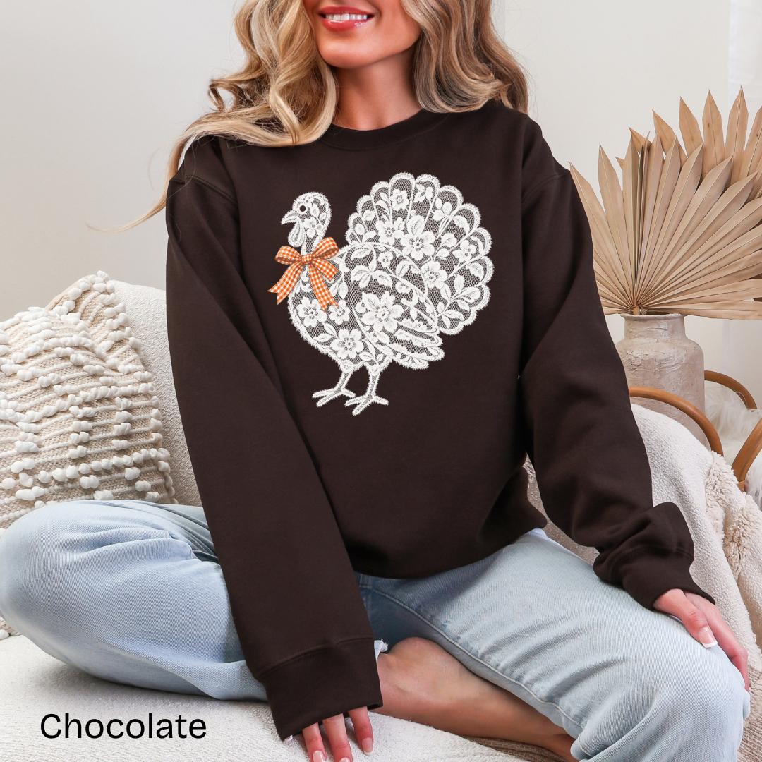 Lace Turkey Gingham Bow Gildan Crewneck Sweatshirt