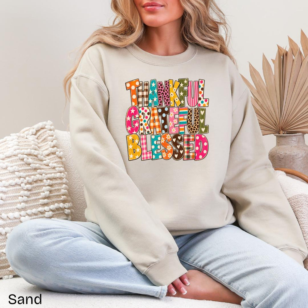 Thankful Grateful Blessed Patchwork Gildan Crewneck Sweatshirt