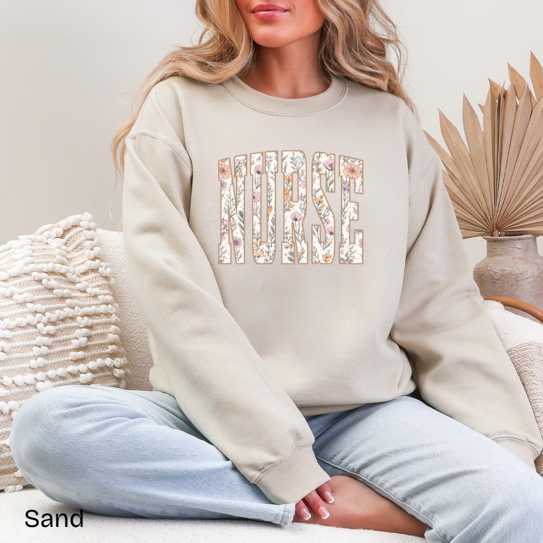 NURSE Wildflower Varsity Gildan Crewneck Sweatshirt