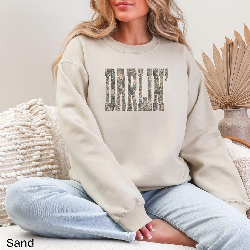 DARLIN' Camo Gildan Crewneck Sweatshirt