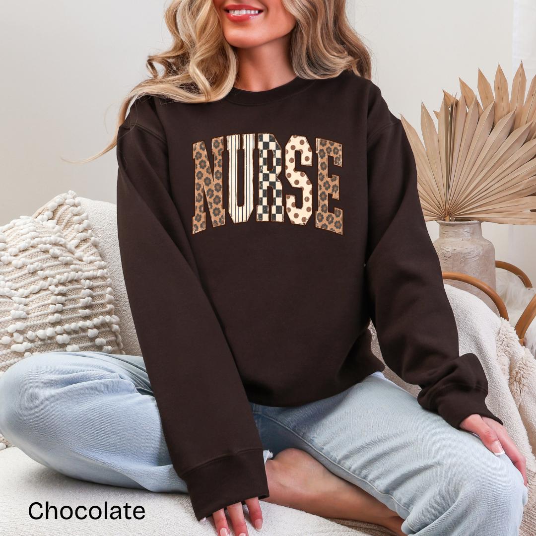 NURSE Leopard Checkered Polka Dot Varsity Gildan Crewneck Sweatshirt
