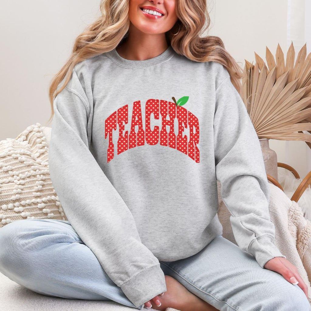 TEACHER Apple Polka Dot Varsity Gildan Crewneck Sweatshirt