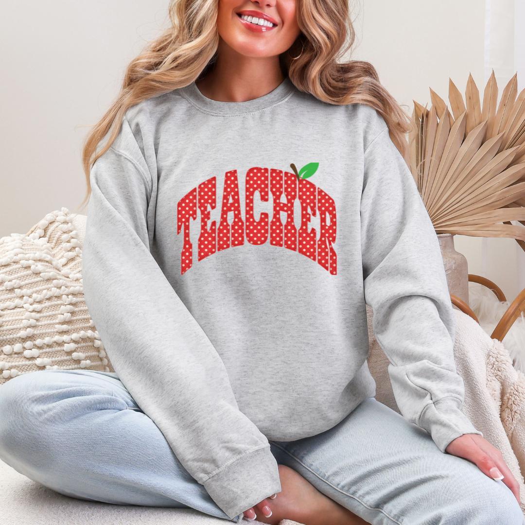 TEACHER Apple Polka Dot Varsity Gildan Crewneck Sweatshirt