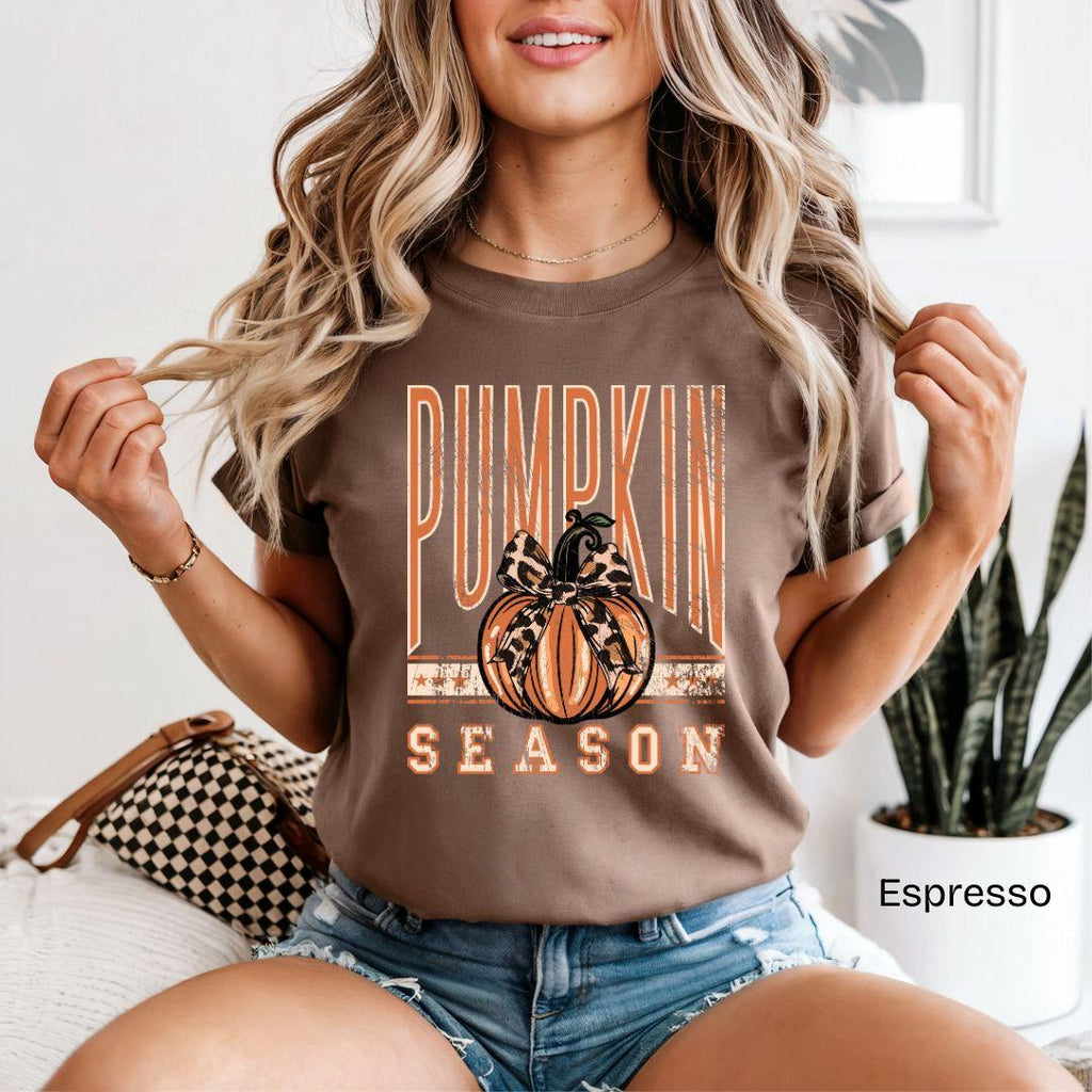 Pumpkin Season Leopard Bow Varsity Comfort Colors T-Shirt