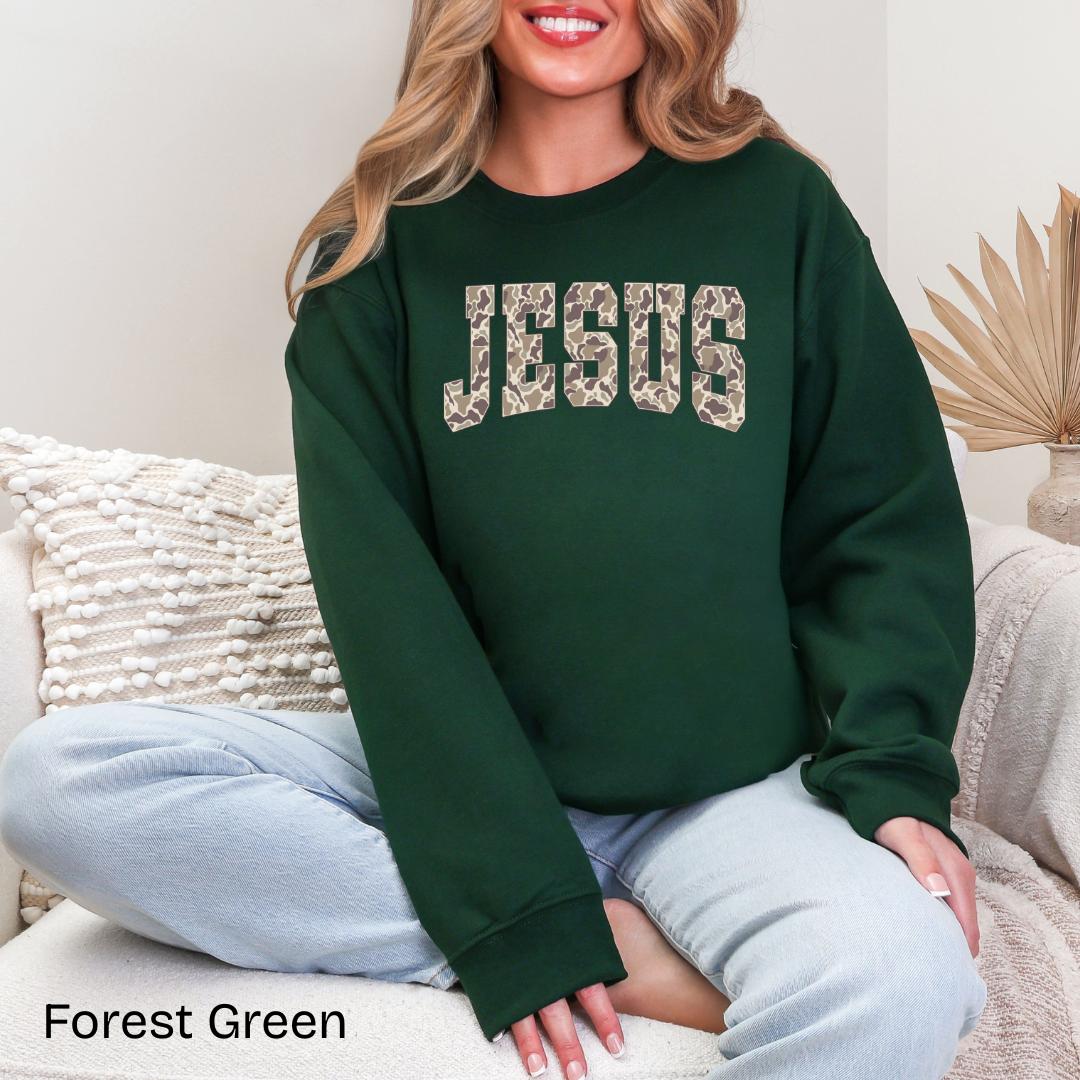 JESUS Duck Camo Varsity Gildan Crewneck Sweatshirt