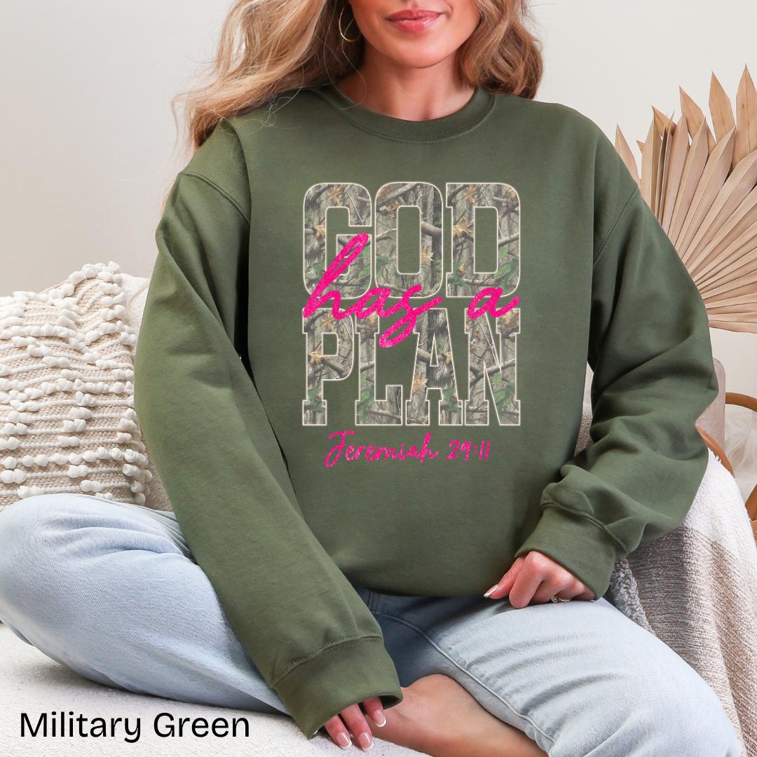 God Has A Plan Jeremiah 29:11 Camo Gildan Crewneck Sweatshirt