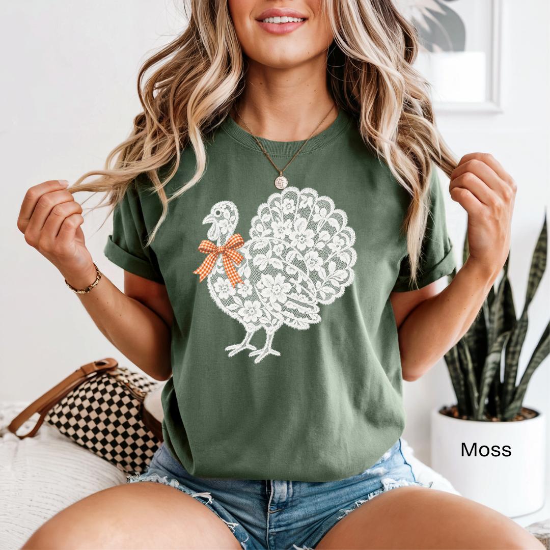 Lace Turkey Gingham Bow Comfort Colors T-Shirt