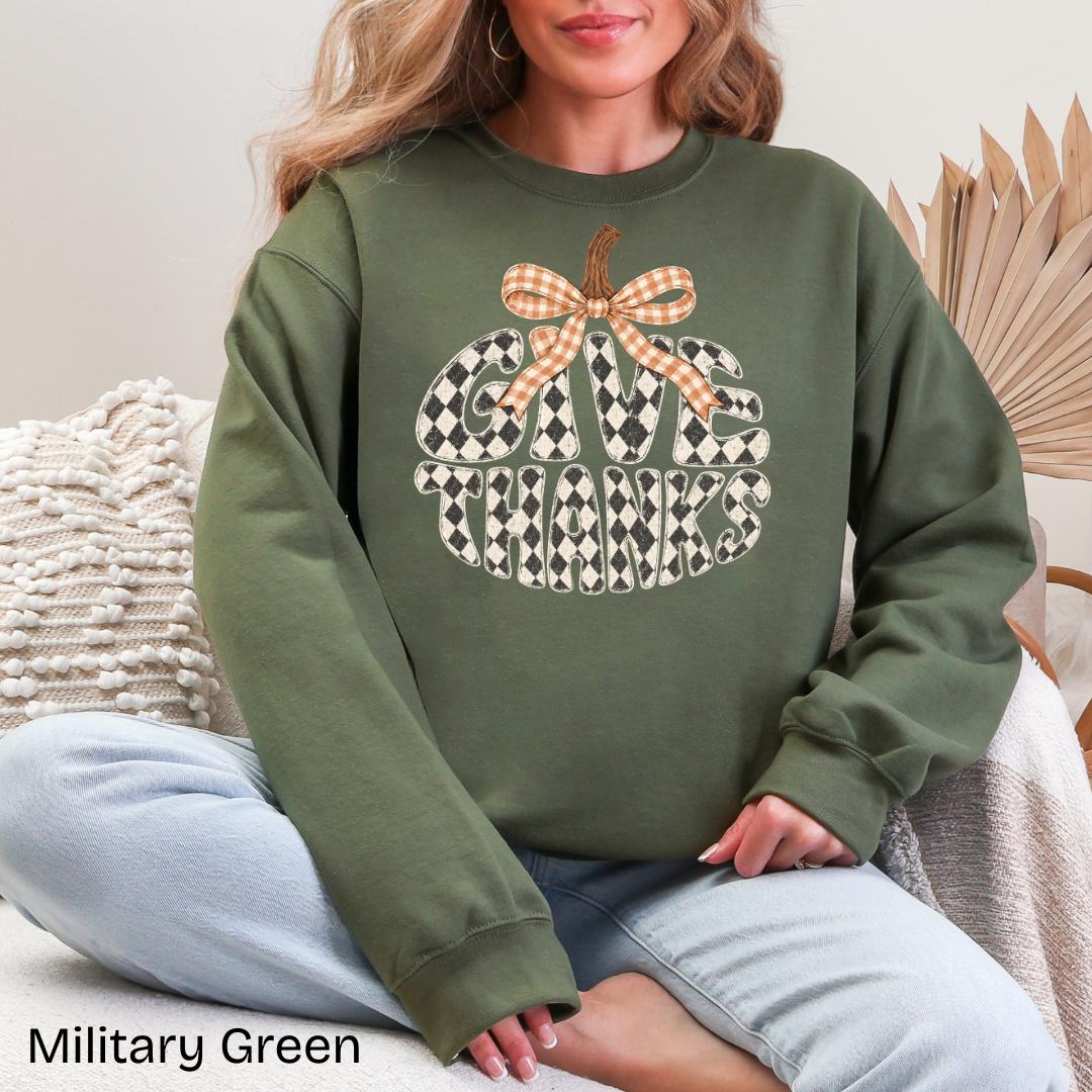 Give Thanks Checkered Pumpkin Bow Gildan Crewneck Sweatshirt