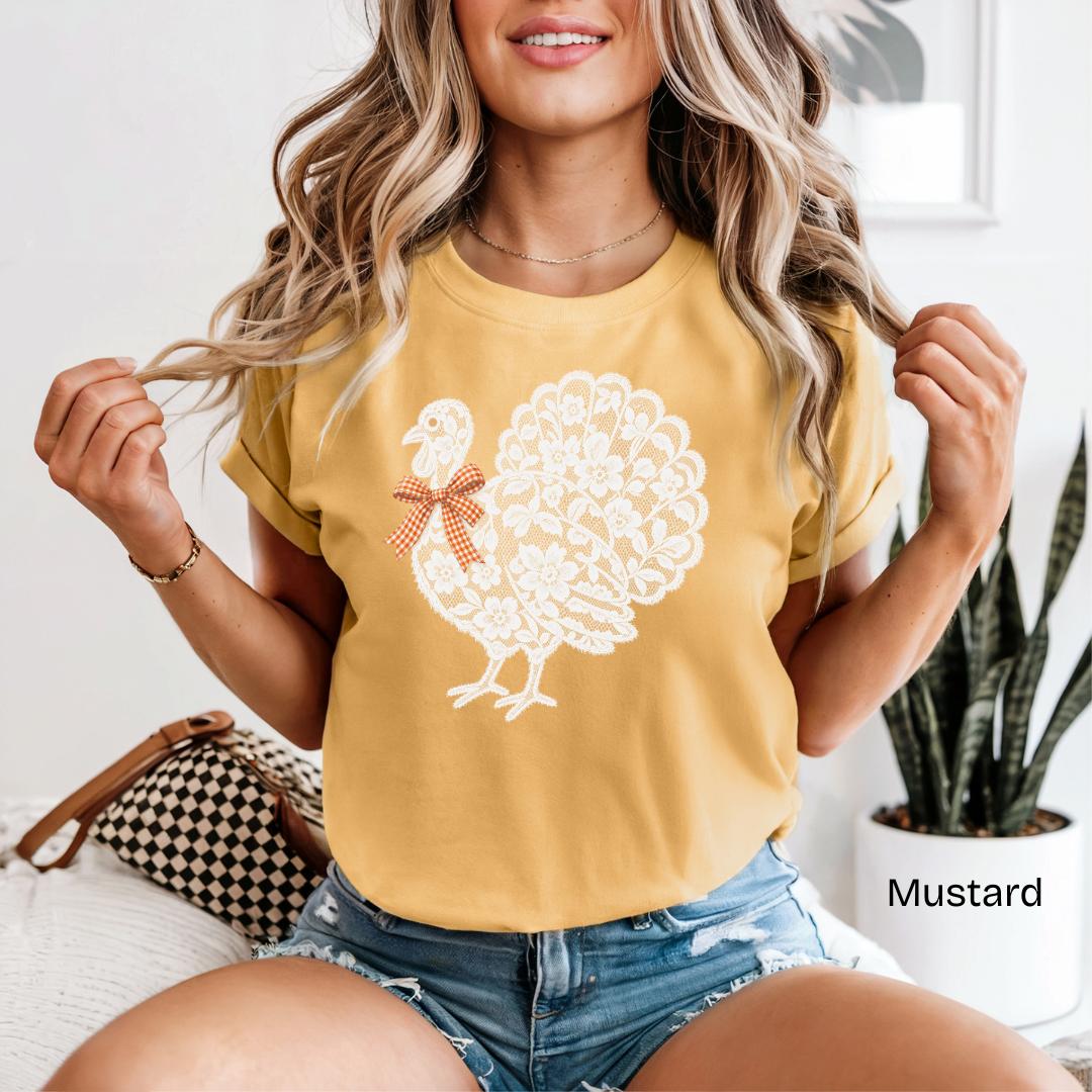 Lace Turkey Gingham Bow Comfort Colors T-Shirt