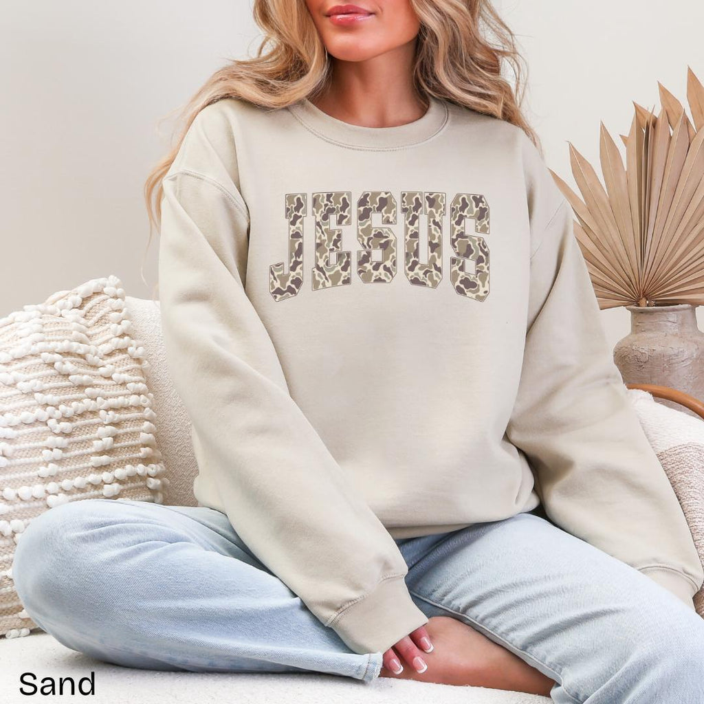 JESUS Duck Camo Varsity Gildan Crewneck Sweatshirt