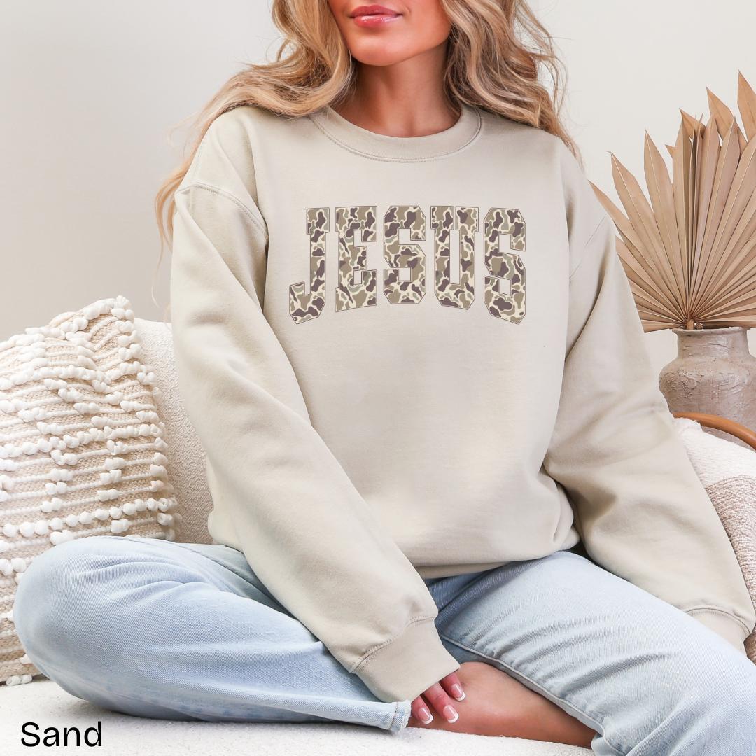 JESUS Duck Camo Varsity Gildan Crewneck Sweatshirt