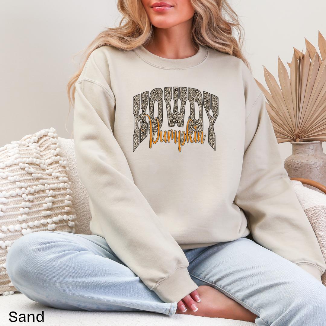 Howdy Pumpkin Leopard Varsity Gildan Crewneck Sweatshirt