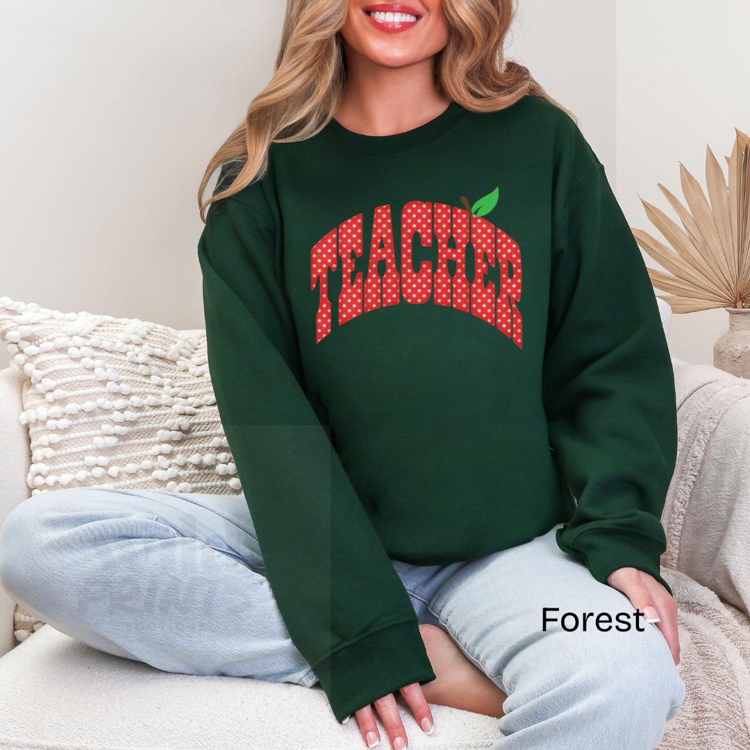 TEACHER Apple Polka Dot Varsity Gildan Crewneck Sweatshirt