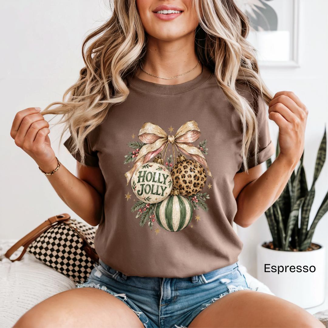 Holly Jolly Leopard Ornaments Bow Comfort Colors T-Shirt in Espresso