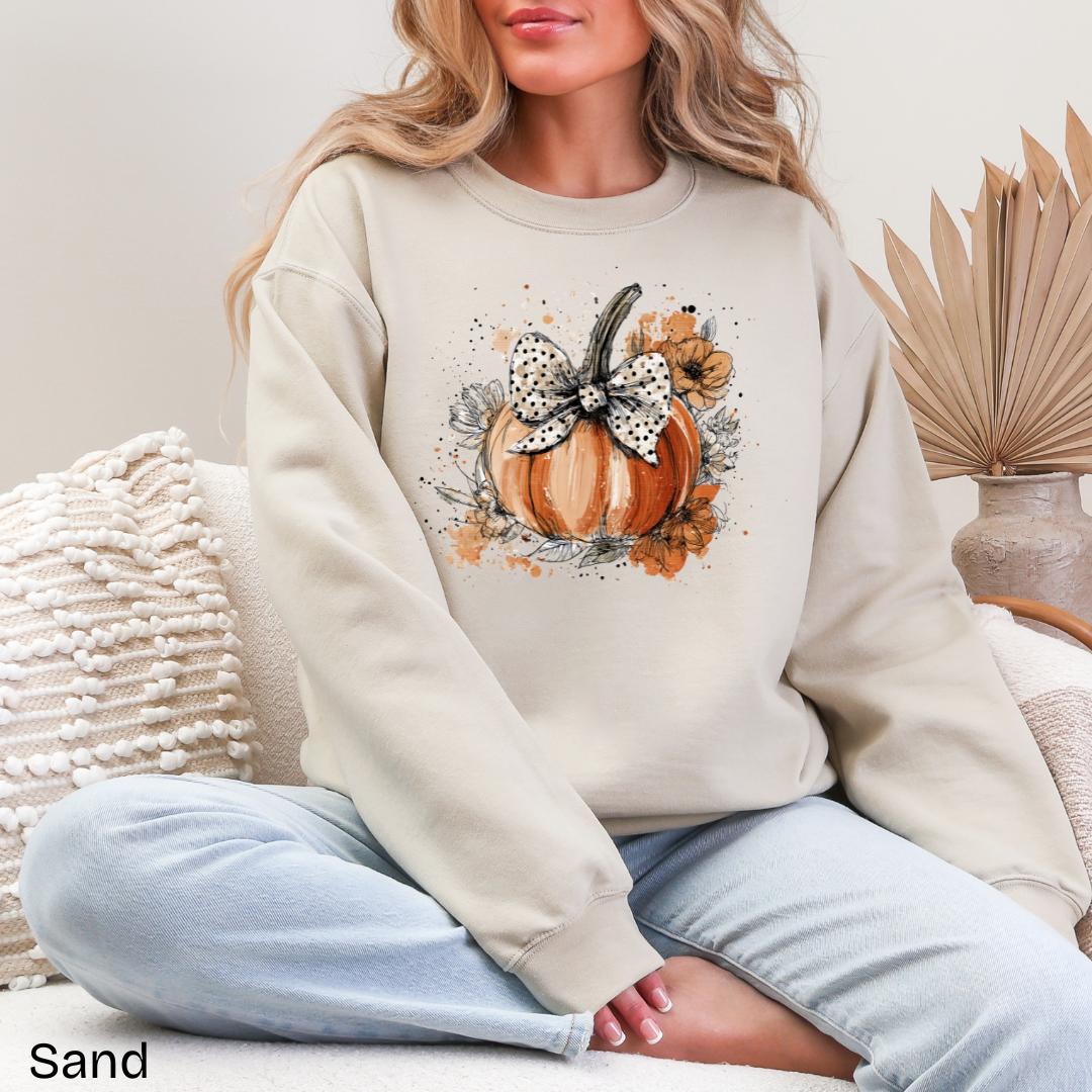 Floral Pumpkin Polka Dot Bow Gildan Crewneck Sweatshirt
