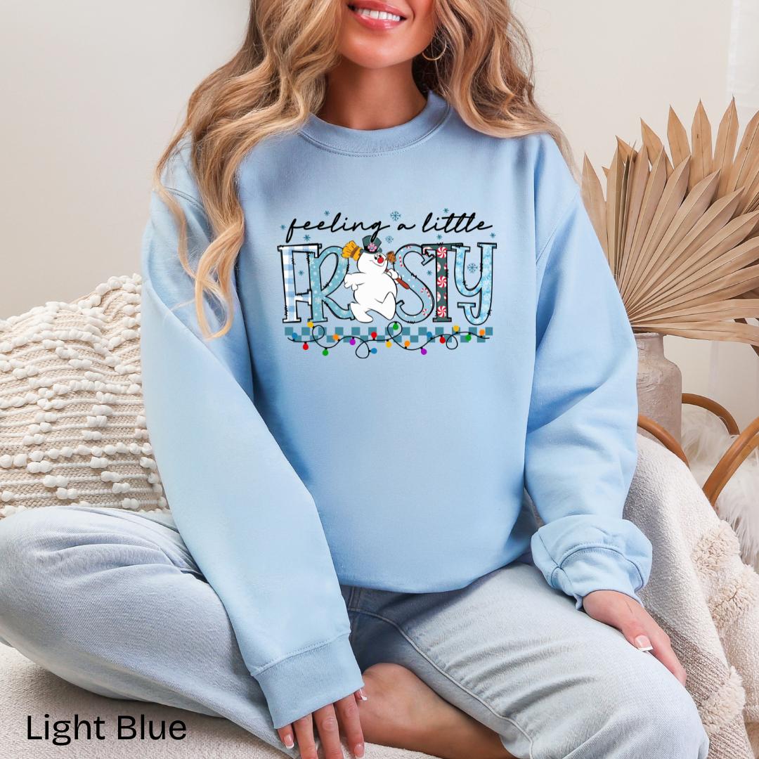 Feeling A Little Frosty Snowman Gildan Crewneck Sweatshirt in Light Blue