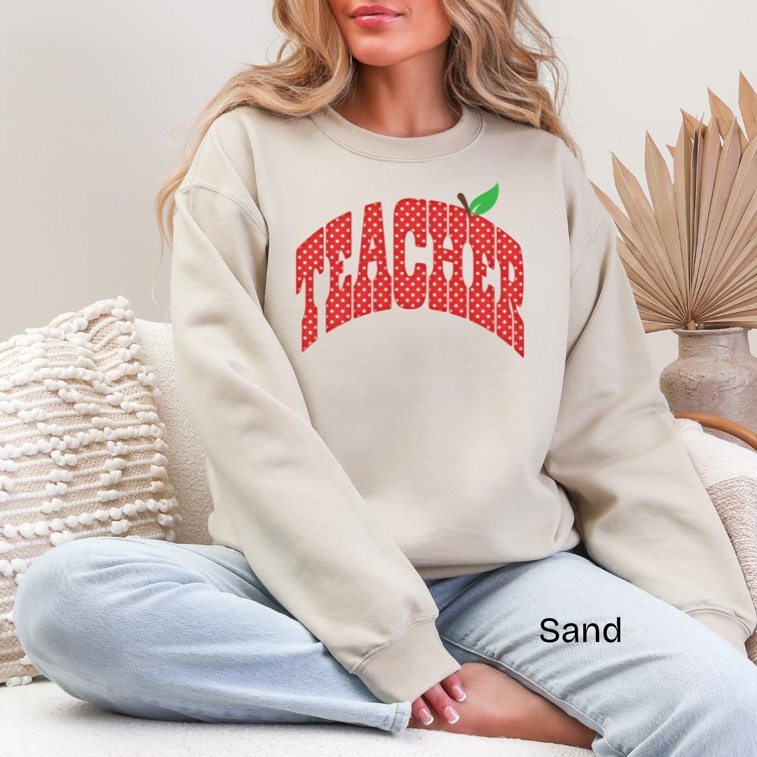 TEACHER Apple Polka Dot Varsity Gildan Crewneck Sweatshirt