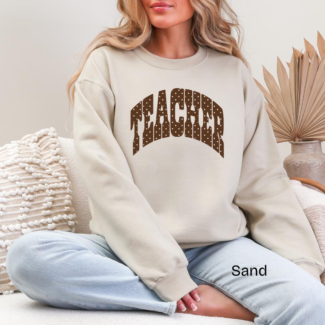 TEACHER Polka Dot Varsity Gildan Crewneck Sweatshirt