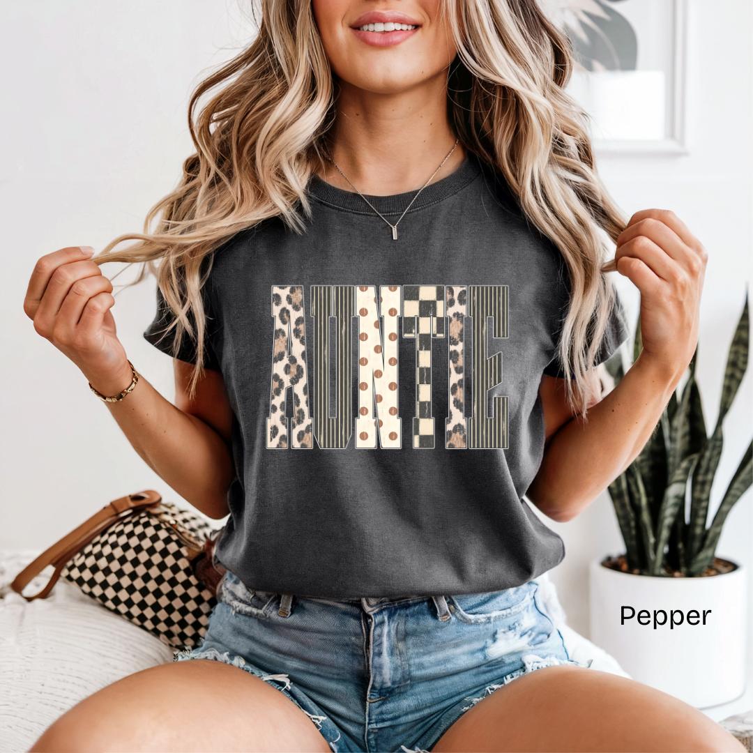 AUNTIE Leopard Checkered Patchwork Comfort Colors T-Shirt