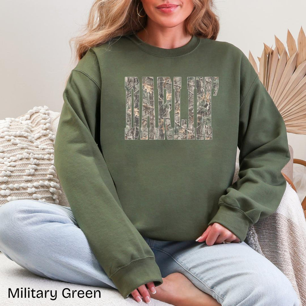 DARLIN' Camo Gildan Crewneck Sweatshirt
