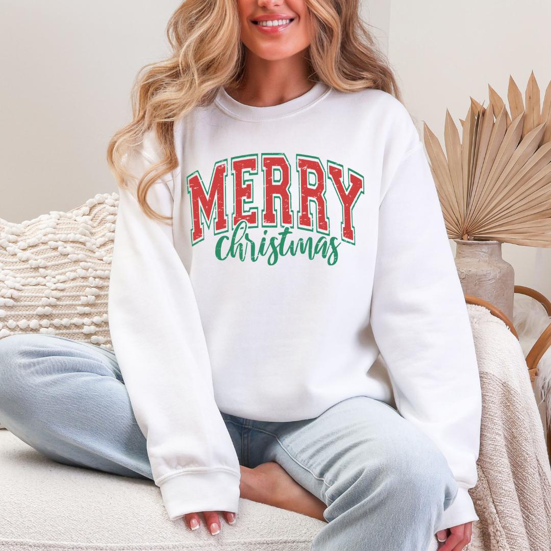 Merry Christmas Vintage Lettering Gildan Crewneck Sweatshirt