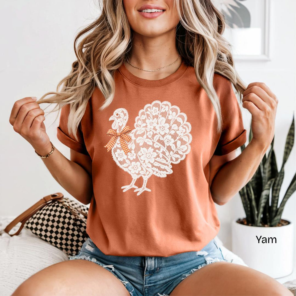 Lace Turkey Gingham Bow Comfort Colors T-Shirt