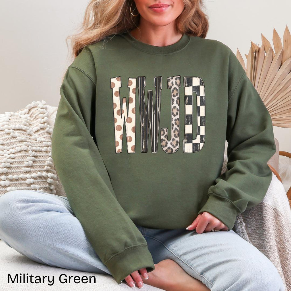 WWJD Leopard Checkered Patchwork Gildan Crewneck Sweatshirt