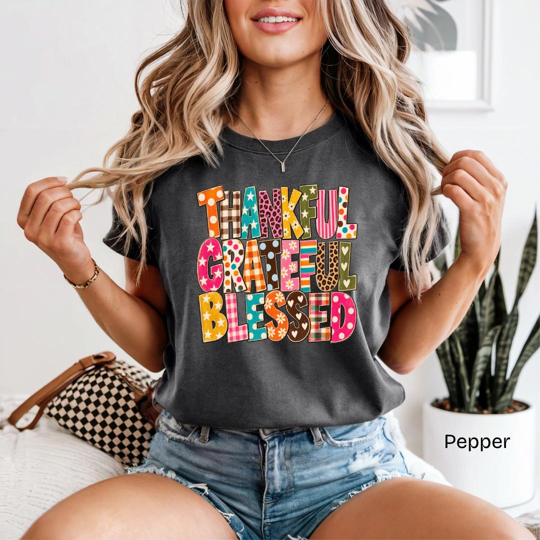 Thankful Grateful Blessed Patchwork Comfort Colors T-Shirt