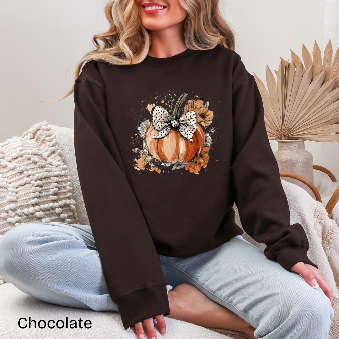 Floral Pumpkin Polka Dot Bow Gildan Crewneck Sweatshirt