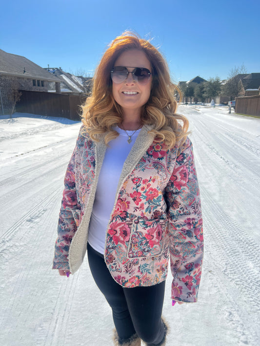 Vintage Paisley Floral Sherpa Lined Hooded Jacket