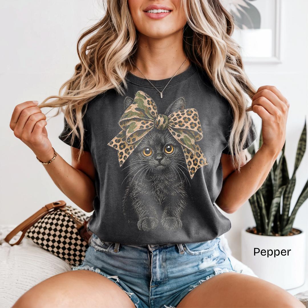 Black Cat Camo Leopard Bow Comfort Colors T-Shirt