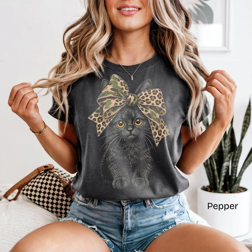 Black Cat Camo Leopard Bow Comfort Colors T-Shirt