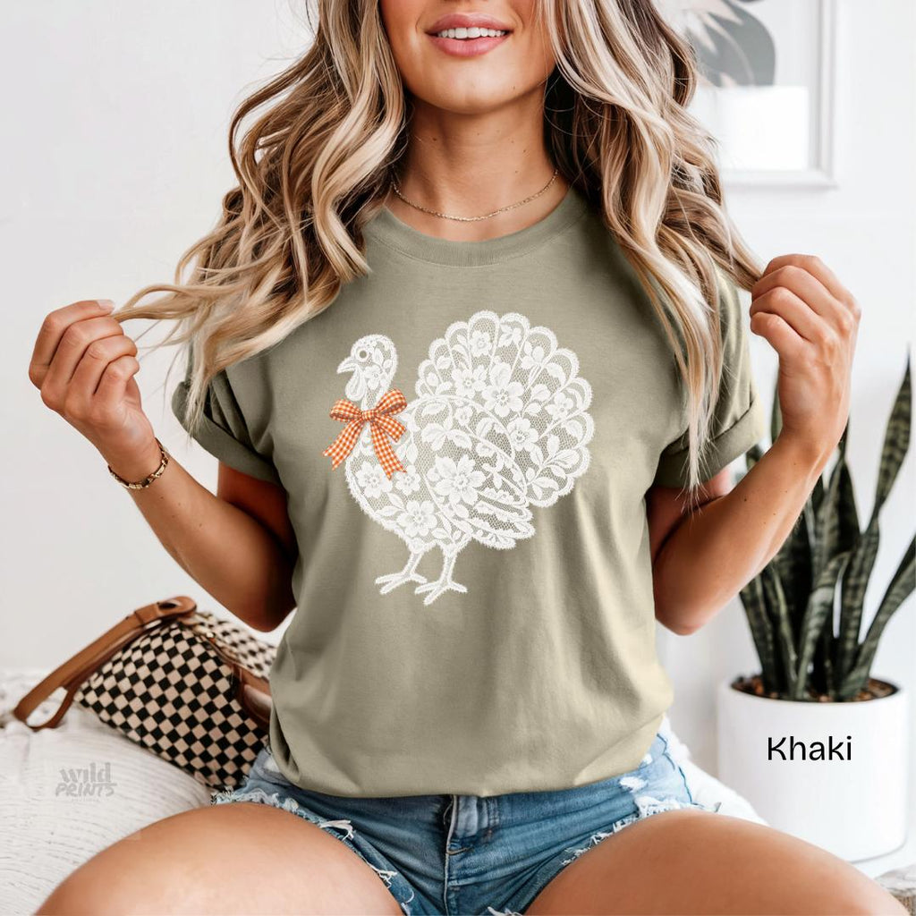 Lace Turkey Gingham Bow Comfort Colors T-Shirt