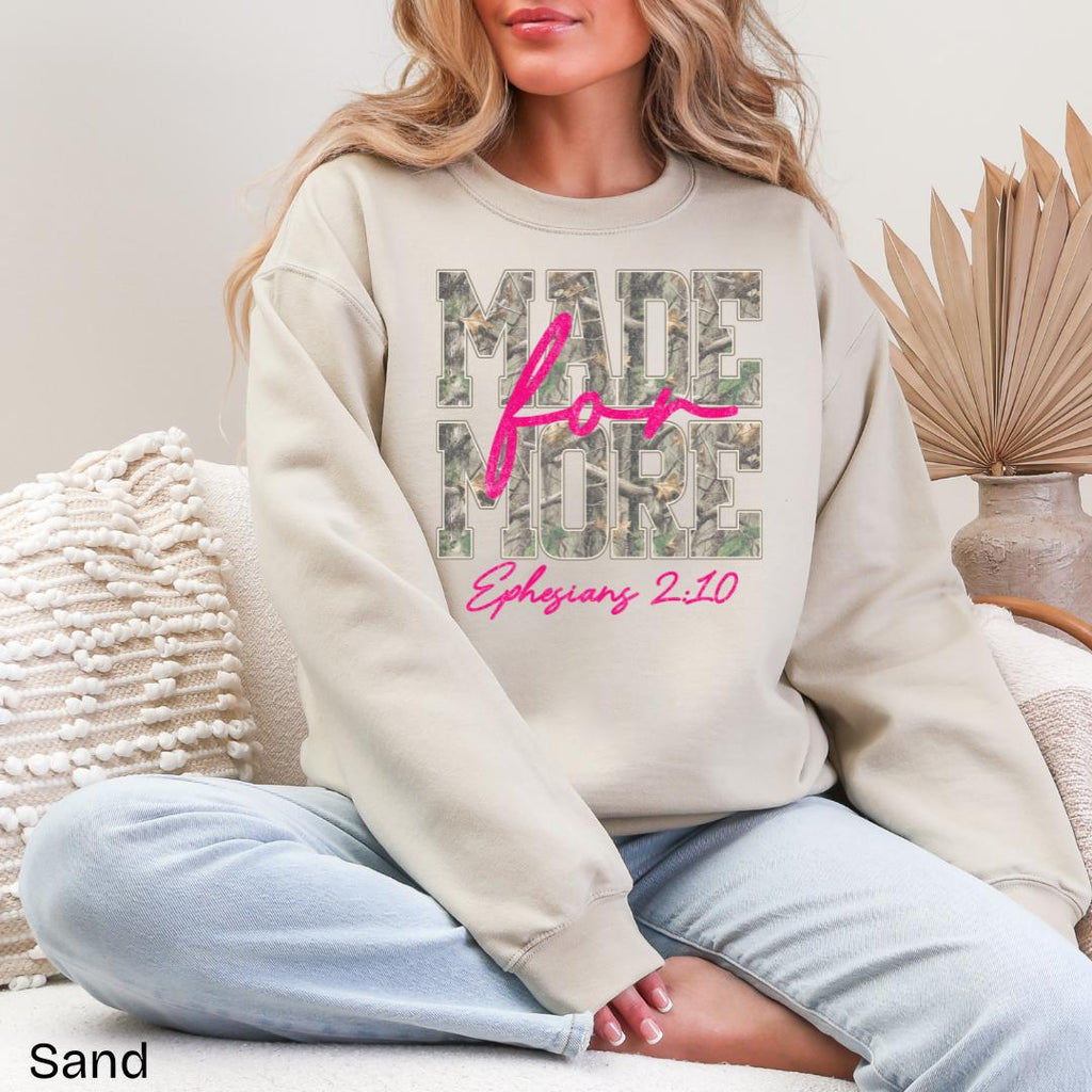 Made For More Ephesians 2:10 Camo Gildan Crewneck Sweatshirt