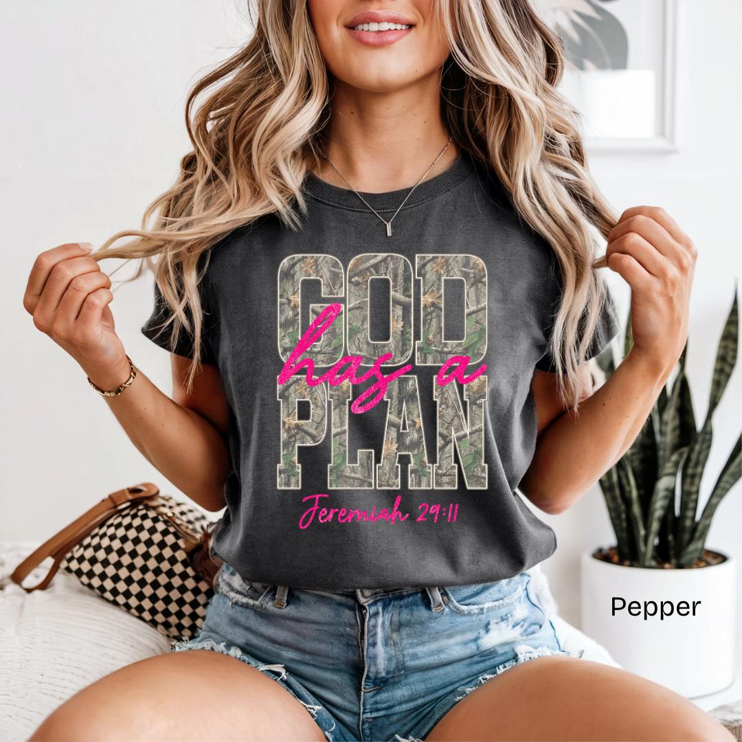 God Has A Plan Jeremiah 29:11 Camo Comfort Colors T-Shirt