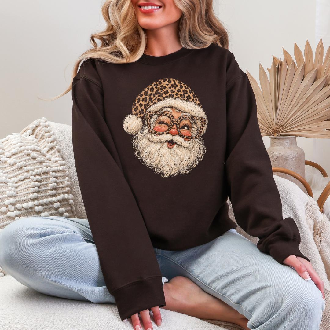 Peek-Through Santa Leopard Glasses Gildan Crewneck Sweatshirt