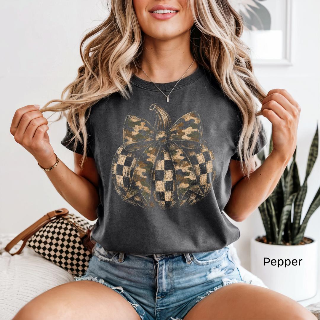Camo Checkered Pumpkin Bow Comfort Colors T-Shirt
