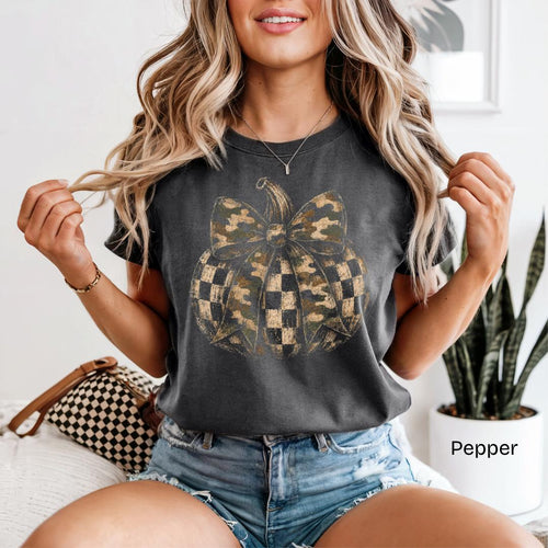 Camo Checkered Pumpkin Bow Comfort Colors T-Shirt