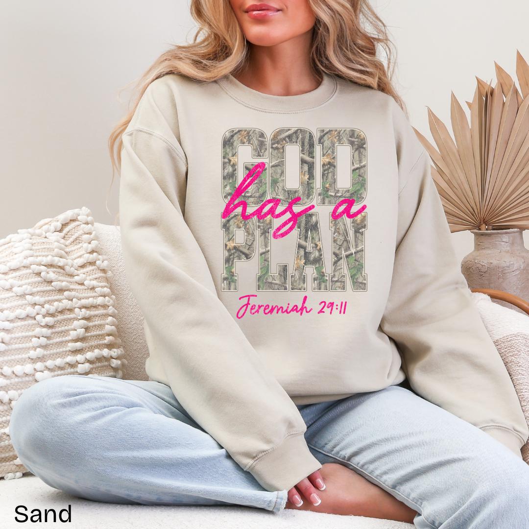God Has A Plan Jeremiah 29:11 Camo Gildan Crewneck Sweatshirt