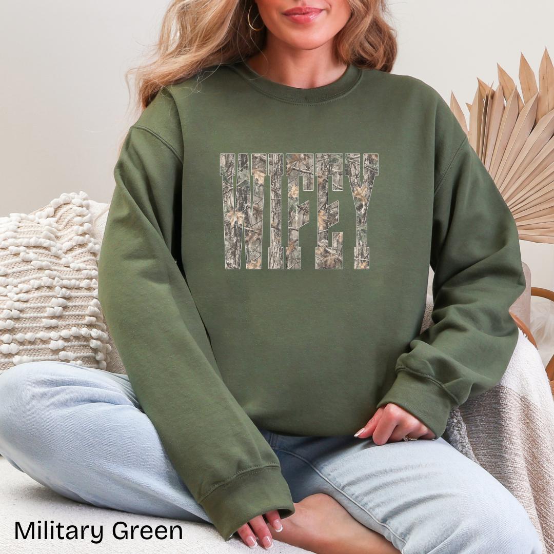 WIFEY Camo Gildan Crewneck Sweatshirt