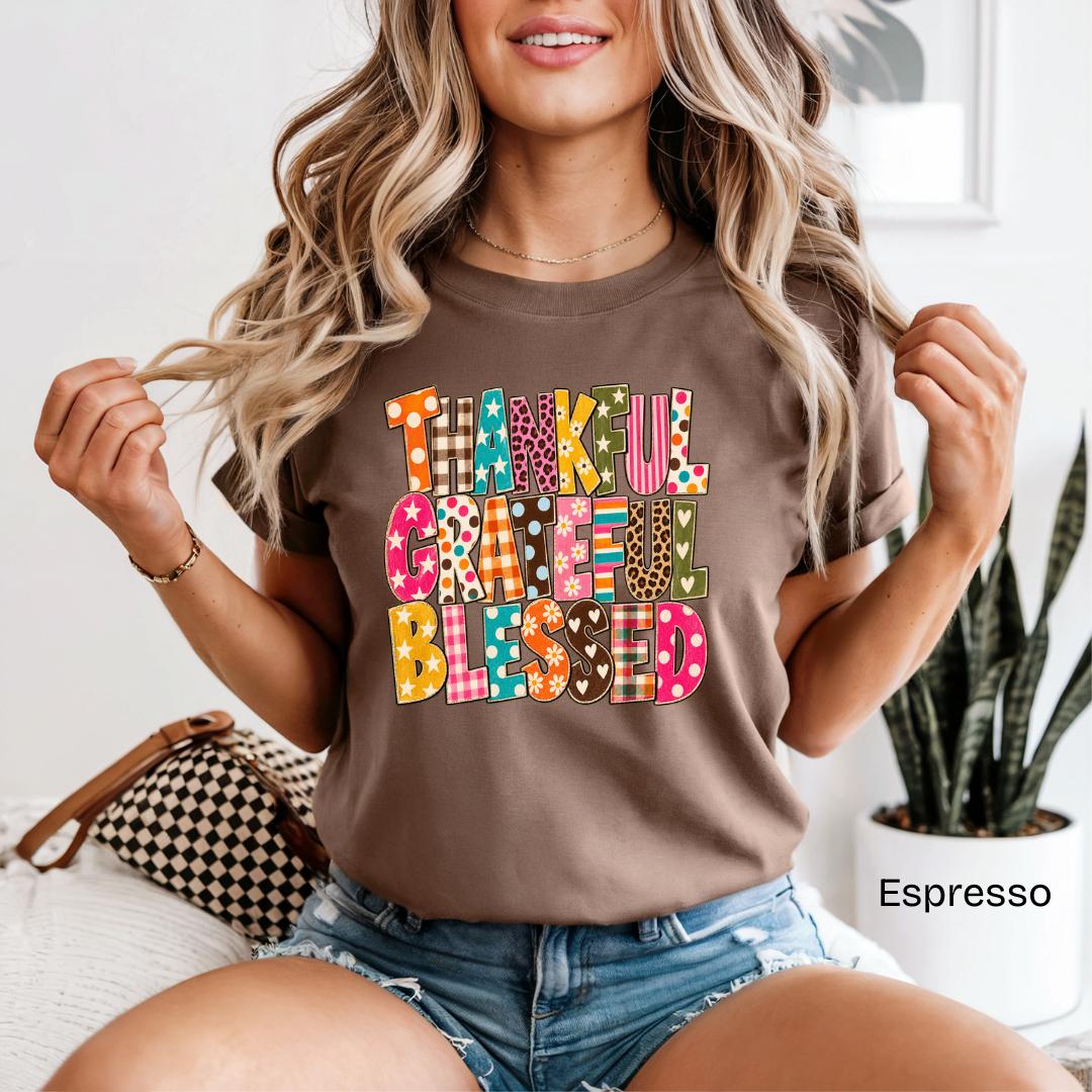 Thankful Grateful Blessed Patchwork Comfort Colors T-Shirt