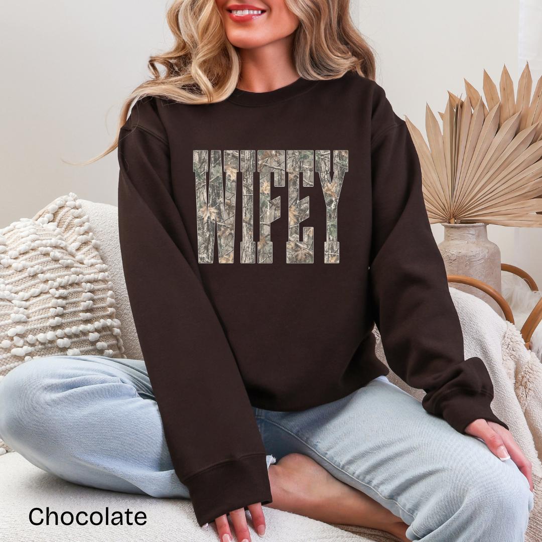 WIFEY Camo Gildan Crewneck Sweatshirt