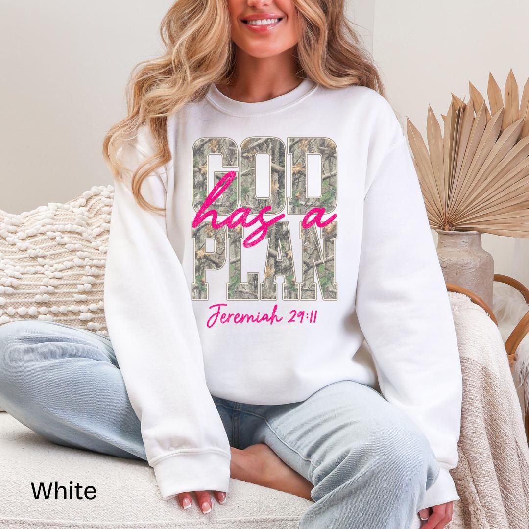 God Has A Plan Jeremiah 29:11 Camo Gildan Crewneck Sweatshirt