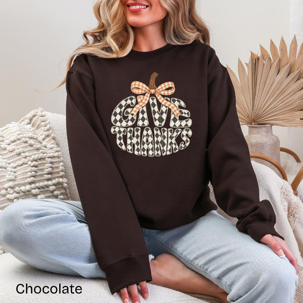 Give Thanks Checkered Pumpkin Bow Gildan Crewneck Sweatshirt