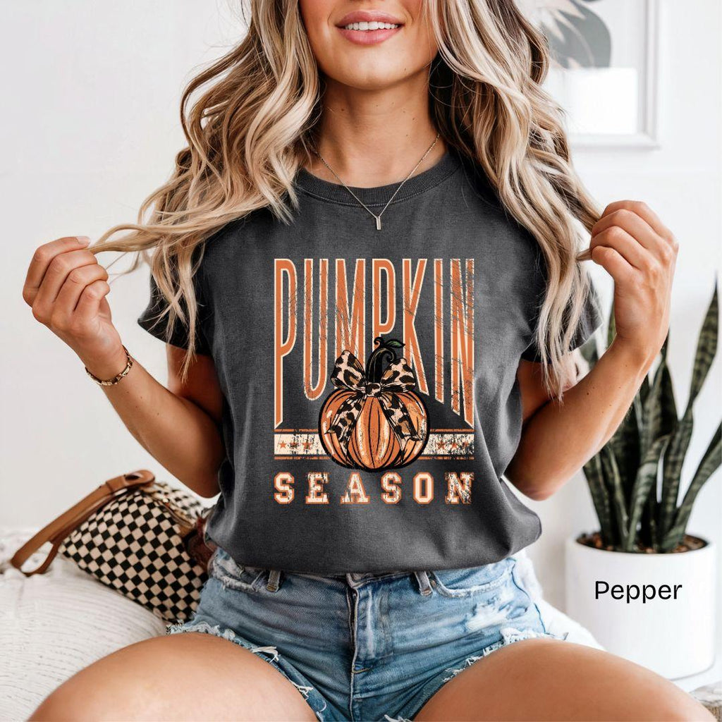 Pumpkin Season Leopard Bow Varsity Comfort Colors T-Shirt