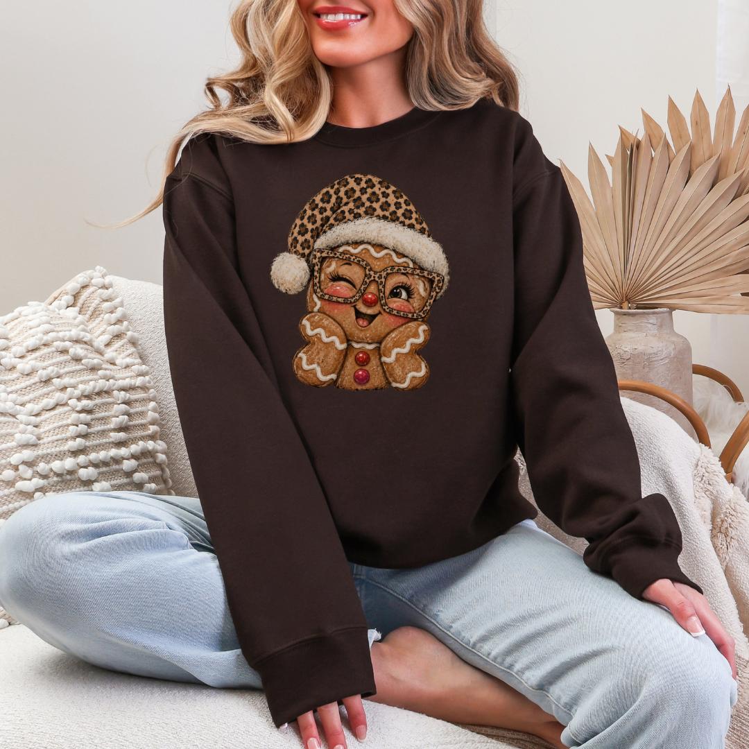 Gingerbread Leopard Santa Hat Gildan Crewneck Sweatshirt