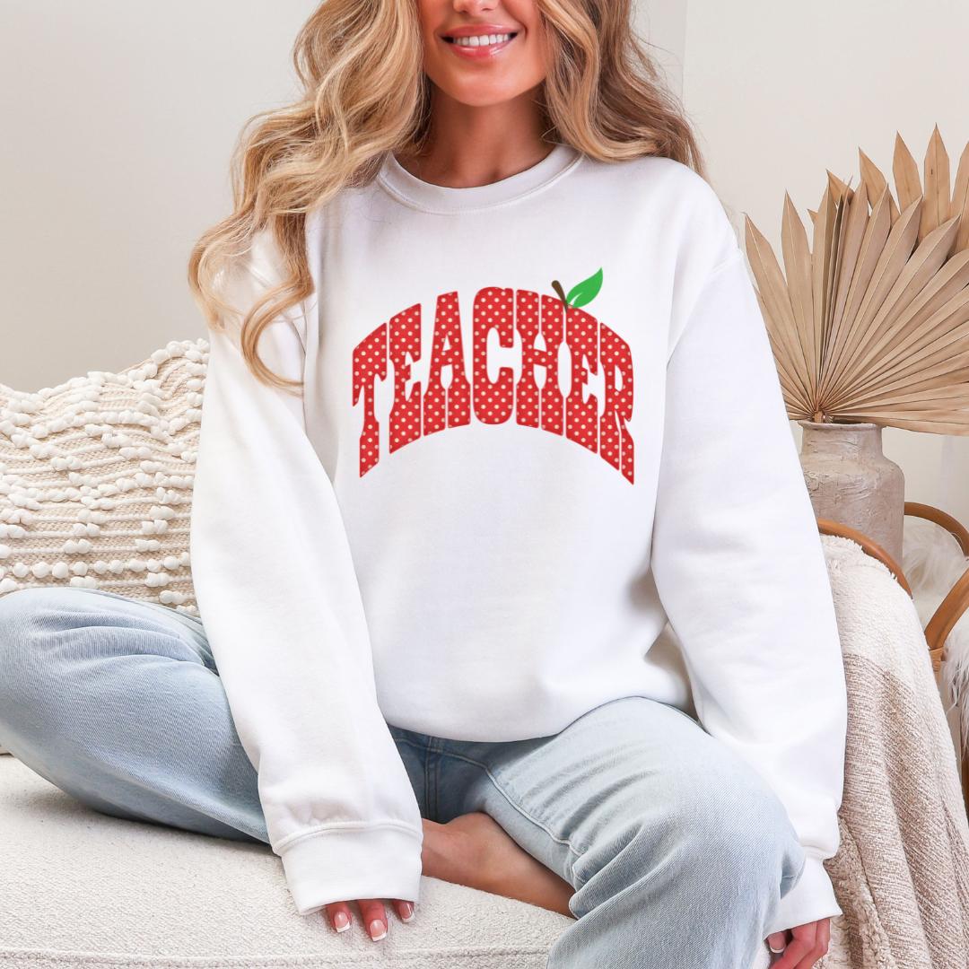 TEACHER Apple Polka Dot Varsity Gildan Crewneck Sweatshirt
